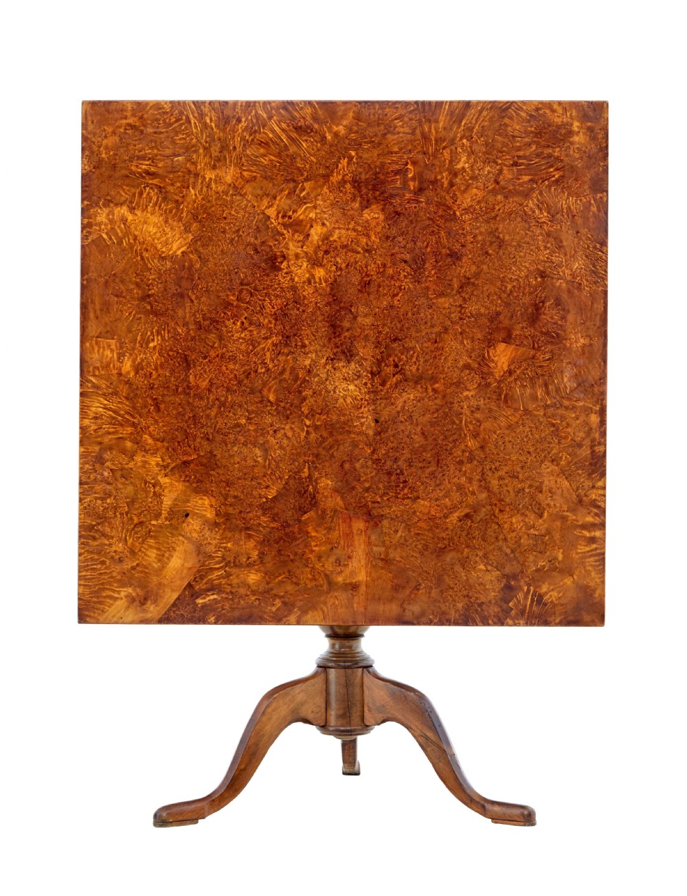 A 19th-century Swedish side table featuring a rectangular alder root wood top, a turned central pedestal column, and three curved legs. View IX