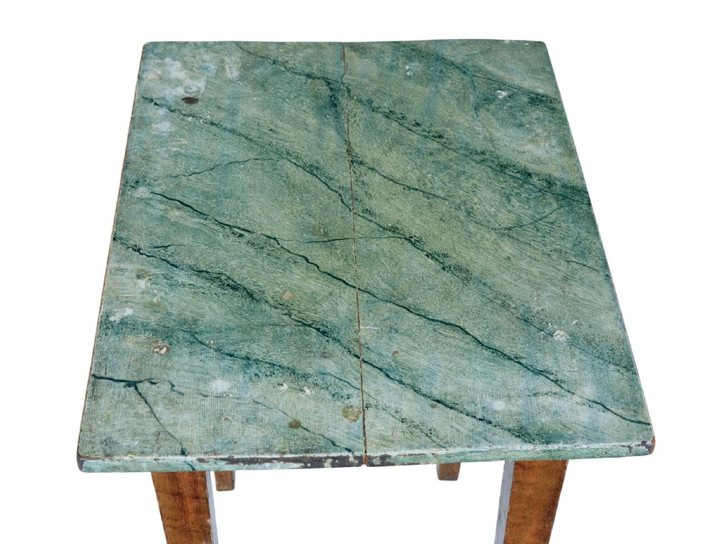 A pair of small wooden Swedish side tables featuring single drawers with square wooden knobs, straight tapered legs, and painted green tops. View II