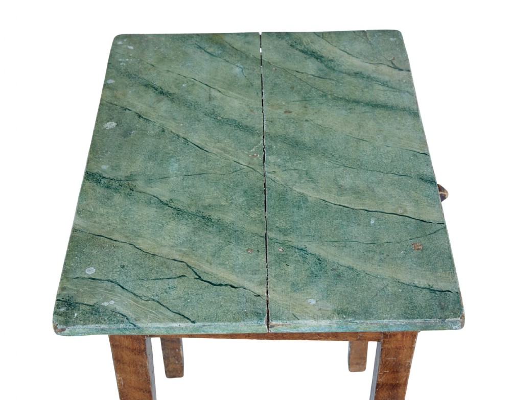 A pair of small wooden Swedish side tables featuring single drawers with square wooden knobs, straight tapered legs, and painted green tops. View III