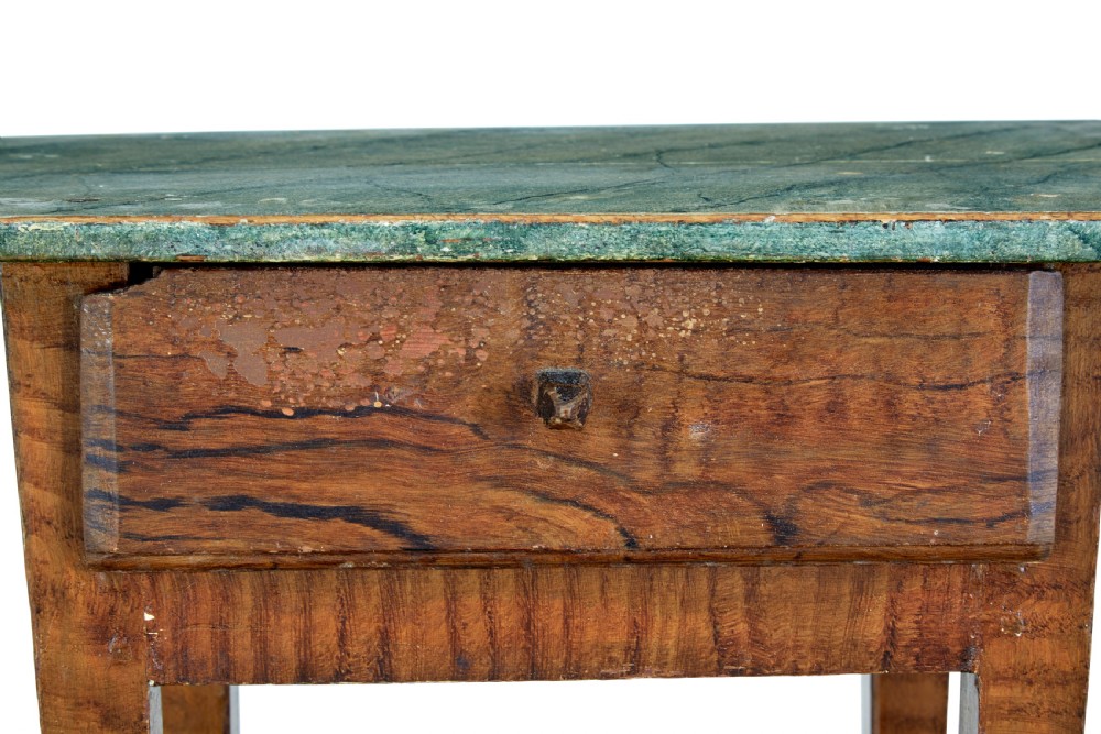 A pair of small wooden Swedish side tables featuring single drawers with square wooden knobs, straight tapered legs, and painted green tops. View V