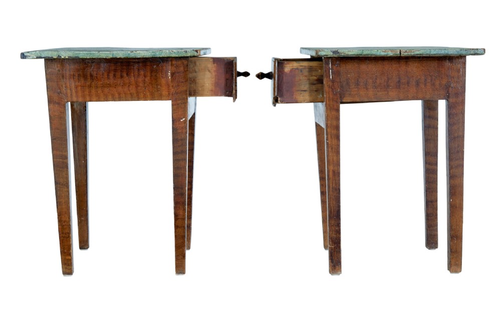 A pair of small wooden Swedish side tables featuring single drawers with square wooden knobs, straight tapered legs, and painted green tops. View VIII