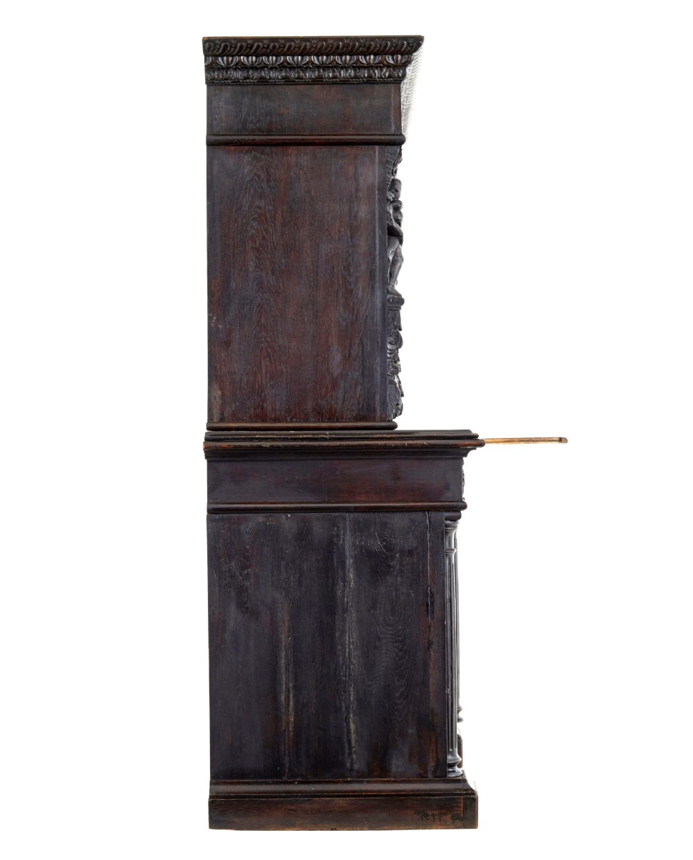 A large 19th-century Flemish dark carved oak cabinet featuring intricate relief panels depicting human figures and architectural details. View III