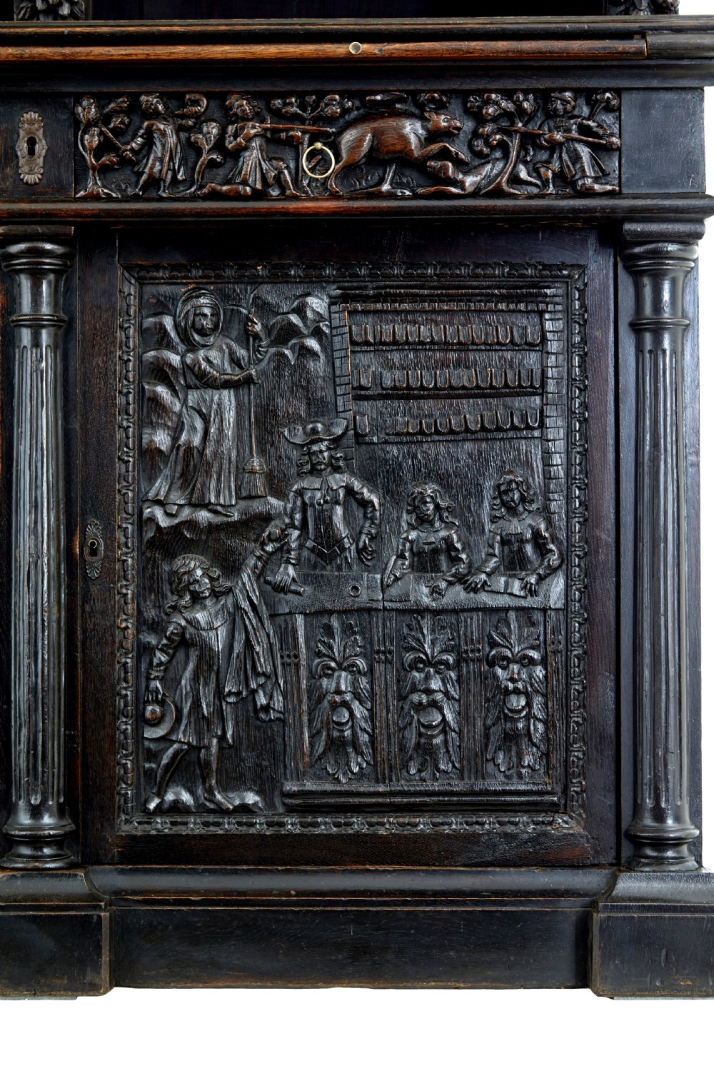 A large 19th-century Flemish dark carved oak cabinet featuring intricate relief panels depicting human figures and architectural details. View VIII