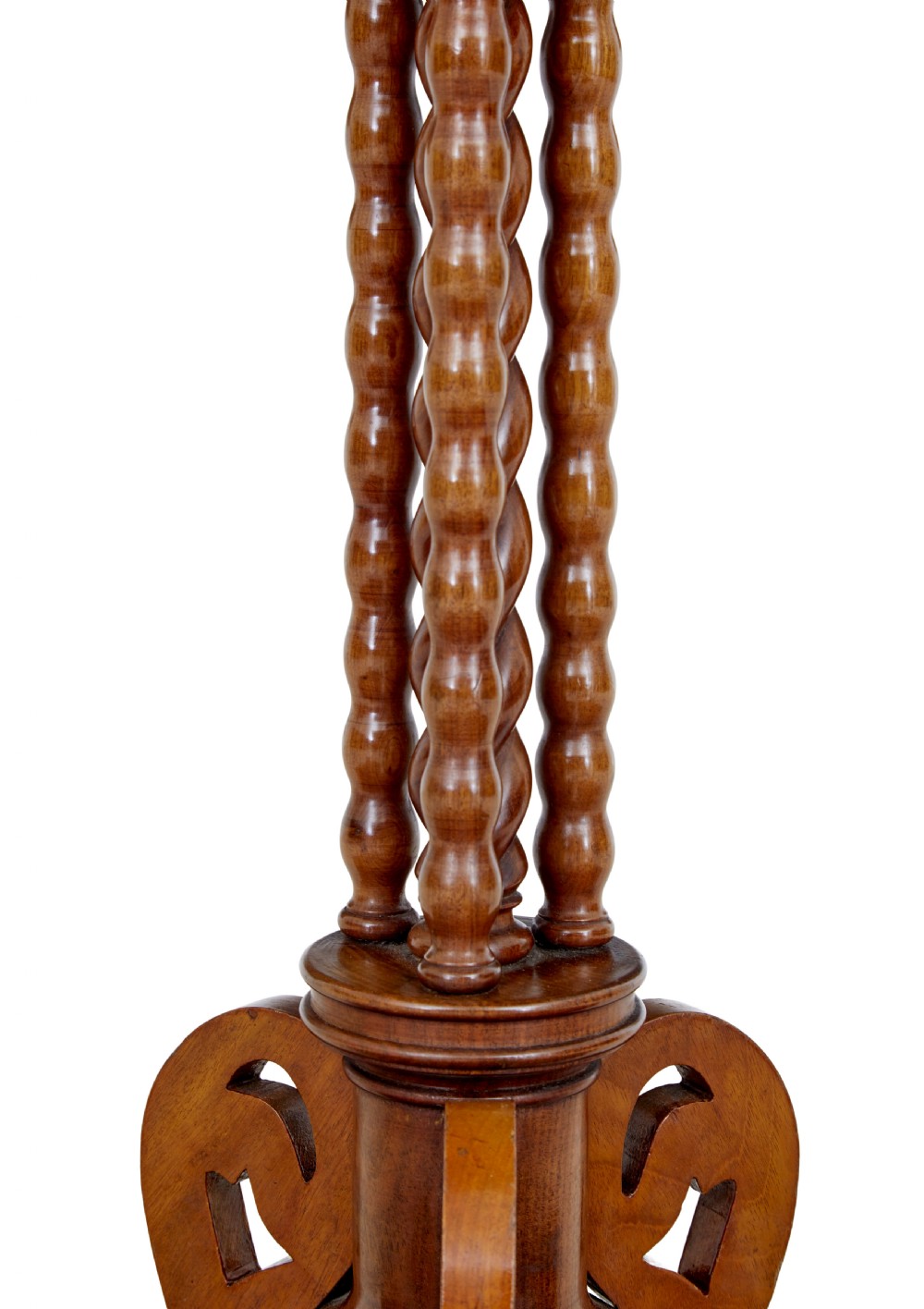 A late 19th-century mahogany occasional table featuring a scalloped piecrust top, central bobbin-turned supports, and a tripod scroll base with brass castors. View VII