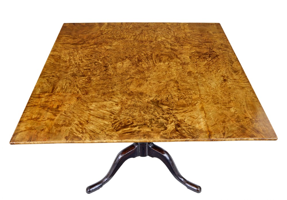 A nineteenth-century Swedish tilt-top side table featuring a square golden alder root top set on a dark turned central column with three splayed legs. View III