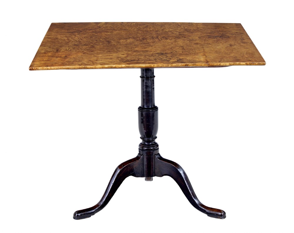 A nineteenth-century Swedish tilt-top side table featuring a square golden alder root top set on a dark turned central column with three splayed legs. View V