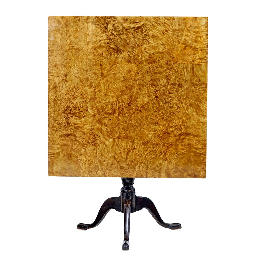 A nineteenth-century Swedish tilt-top side table featuring a square golden alder root top set on a dark turned central column with three splayed legs. View VI