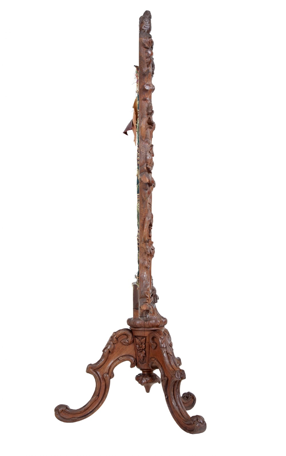 A carved oak tripod fire screen with a crest carved as a bird surrounding a woven tapestry panel featuring pineapple motifs. View VIII