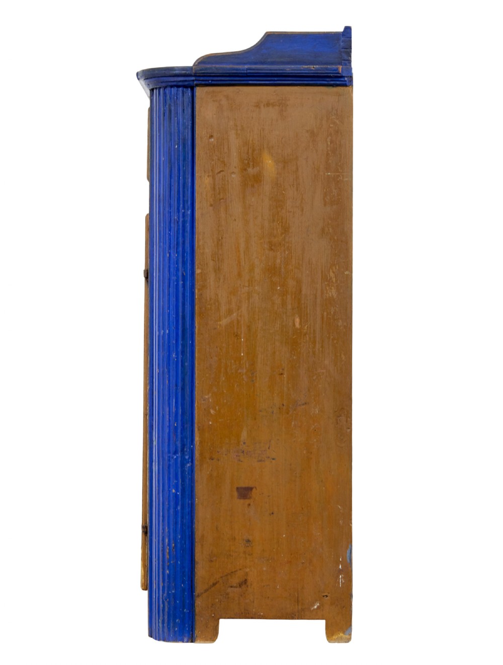 A 19th-century Swedish pine kitchen cupboard with ochre faux-grained body, vibrant blue fluted columns, two top drawers, and blue panelled double doors. View IV