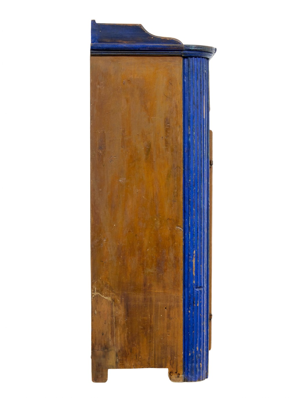 A 19th-century Swedish pine kitchen cupboard with ochre faux-grained body, vibrant blue fluted columns, two top drawers, and blue panelled double doors. View V