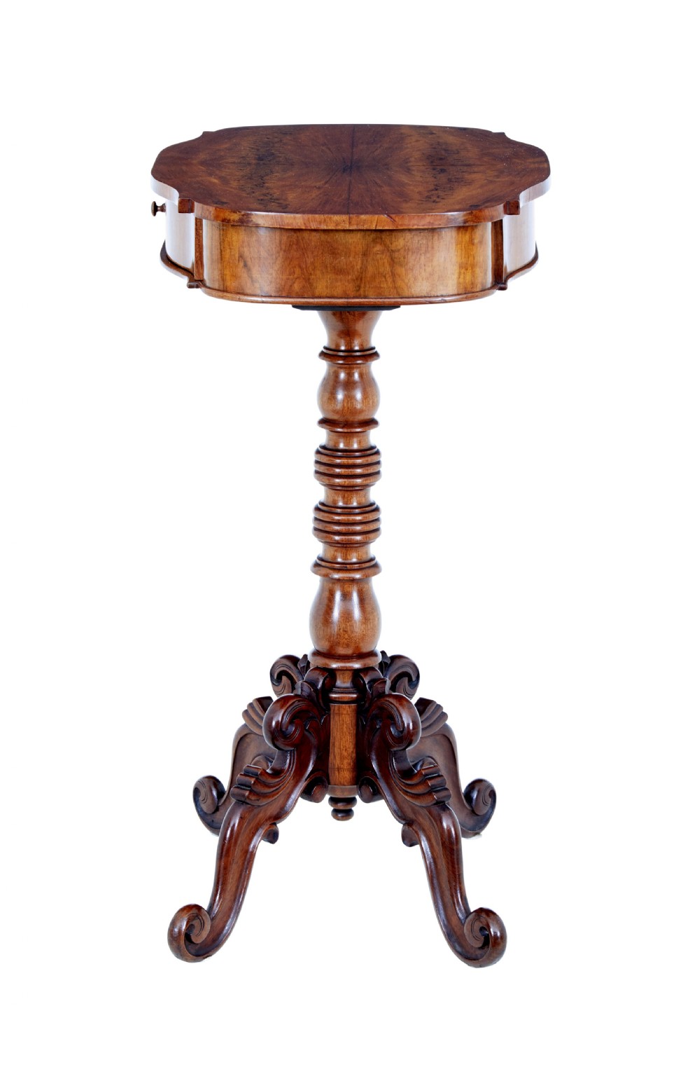 A 19th-century flame mahogany side table with a shaped top, turned central column stem, and detailed carved scroll feet. View II