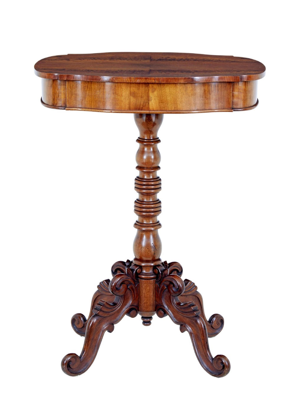 A 19th-century flame mahogany side table with a shaped top, turned central column stem, and detailed carved scroll feet. View III
