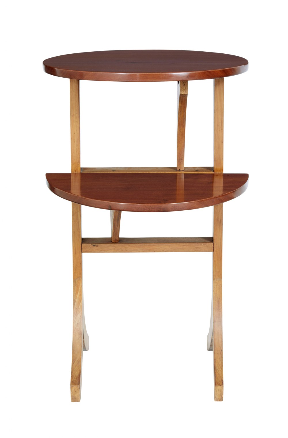 An early 20th-century metamorphic mahogany occasional table featuring an oval top shelf above a lower demi-lune shelf supported by a wooden folding frame.