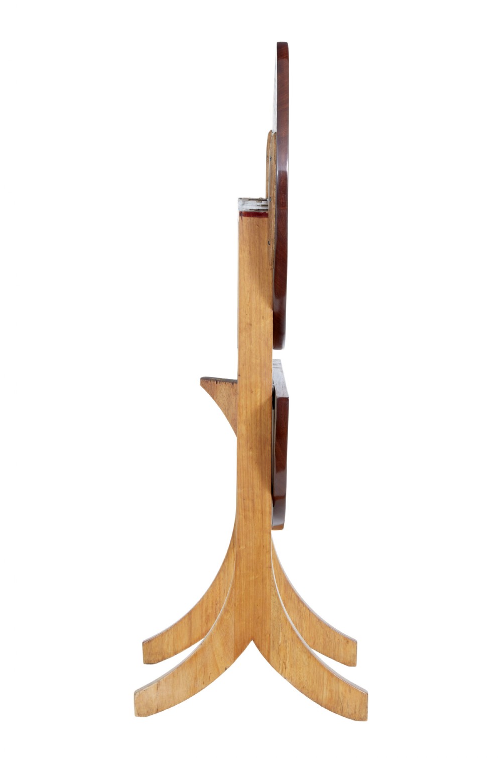 An early 20th-century metamorphic mahogany occasional table featuring an oval top shelf above a lower demi-lune shelf supported by a wooden folding frame. View VI