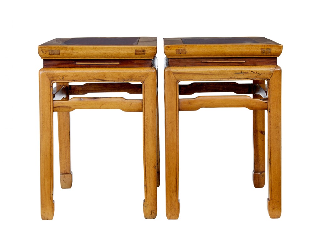 A pair of late nineteenth-century Chinese hardwood occasional tables featuring rectangular tops with inset panels, straight legs, and subtle waist aprons. View VII