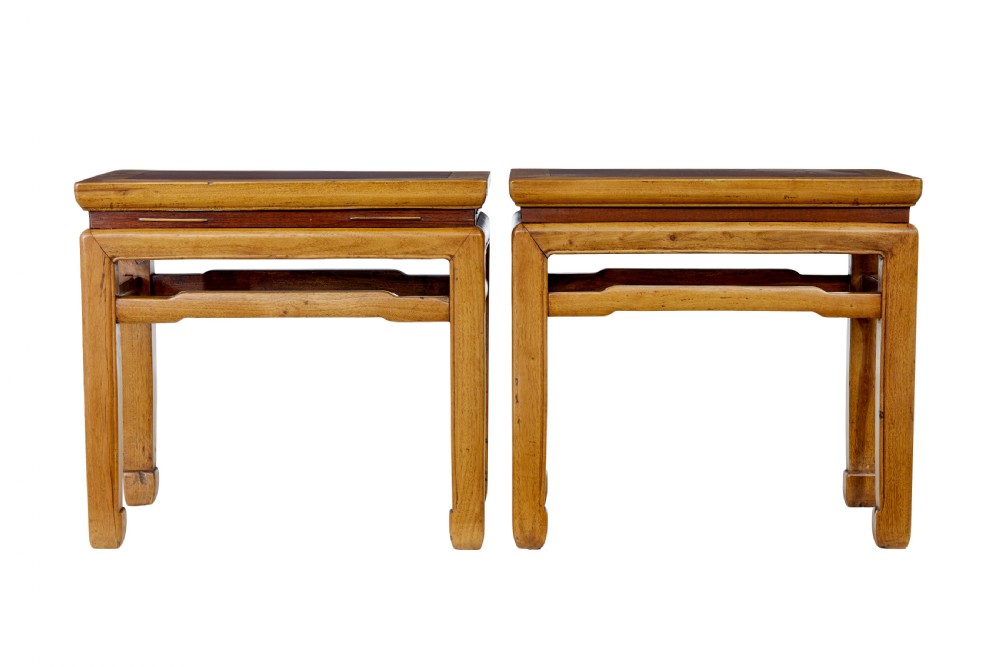 A pair of late nineteenth-century Chinese hardwood occasional tables featuring rectangular tops with inset panels, straight legs, and subtle waist aprons. View VIII