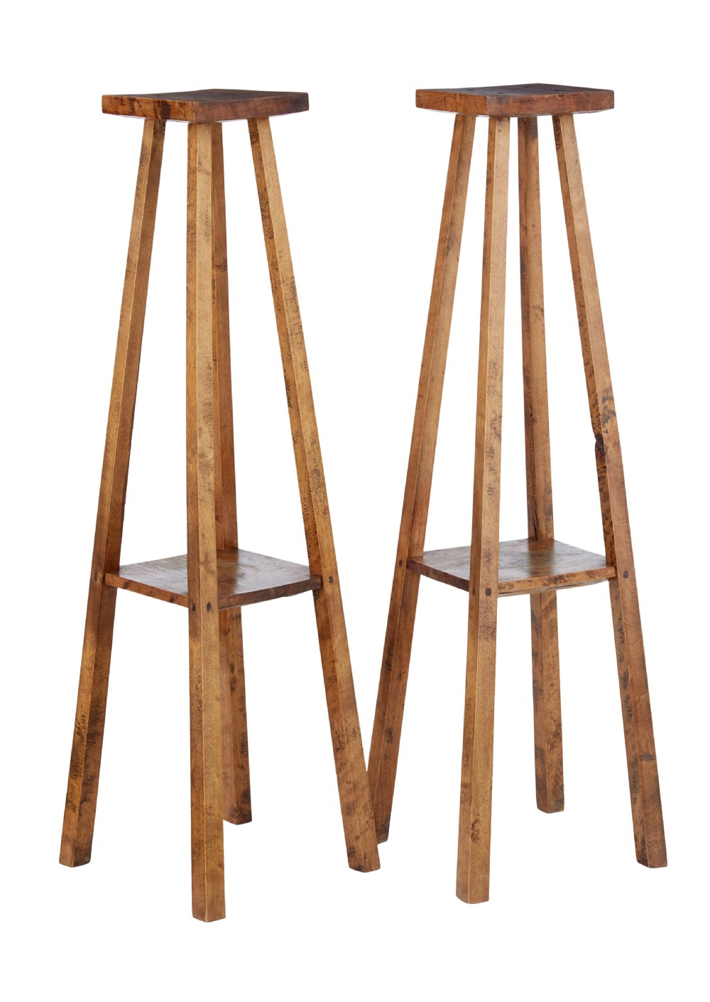 A pair of tall late 19th-century rustic oak pedestal stands with square tops, four tapered splayed legs, and square lower shelves.