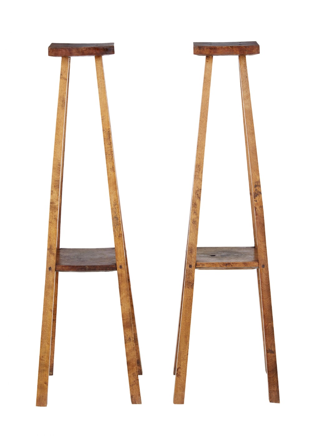 A pair of tall late 19th-century rustic oak pedestal stands with square tops, four tapered splayed legs, and square lower shelves. View II