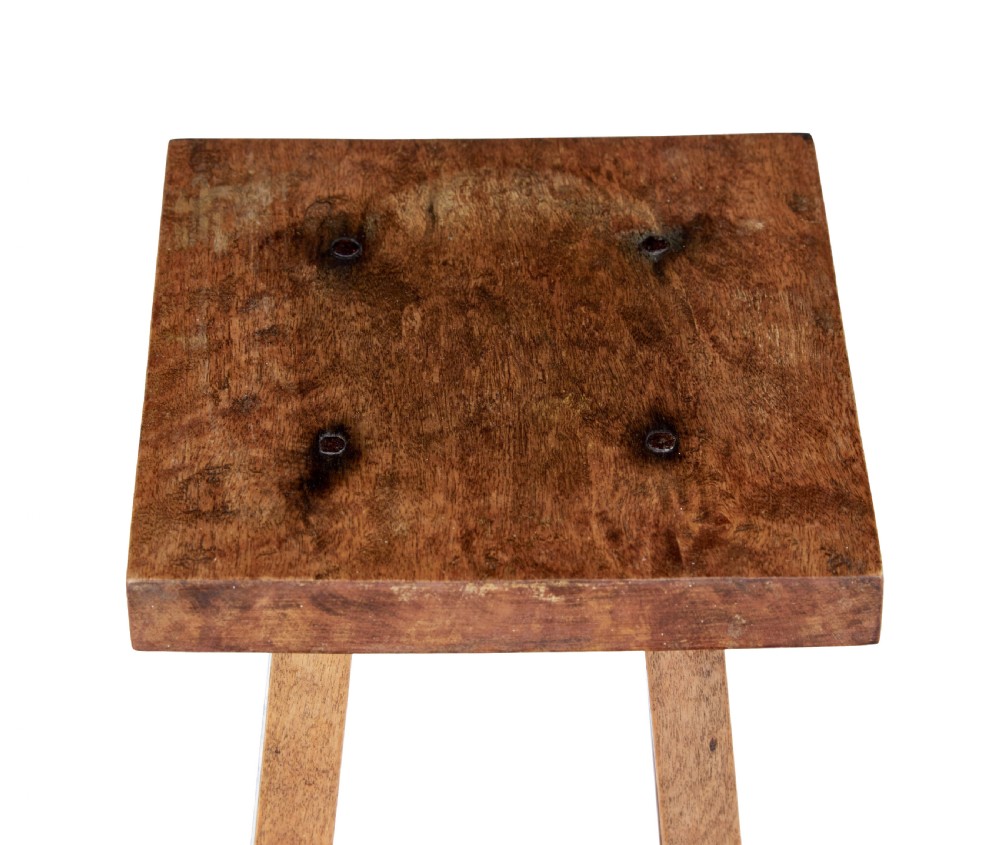 A pair of tall late 19th-century rustic oak pedestal stands with square tops, four tapered splayed legs, and square lower shelves. View V