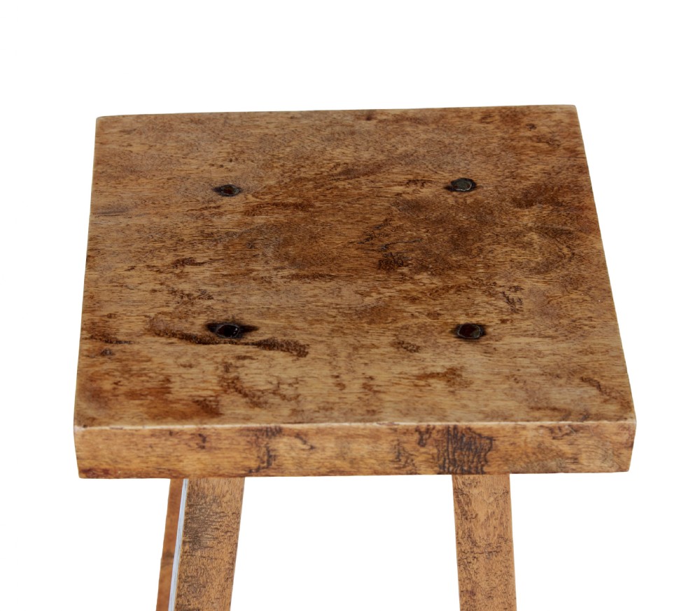 A pair of tall late 19th-century rustic oak pedestal stands with square tops, four tapered splayed legs, and square lower shelves. View VI