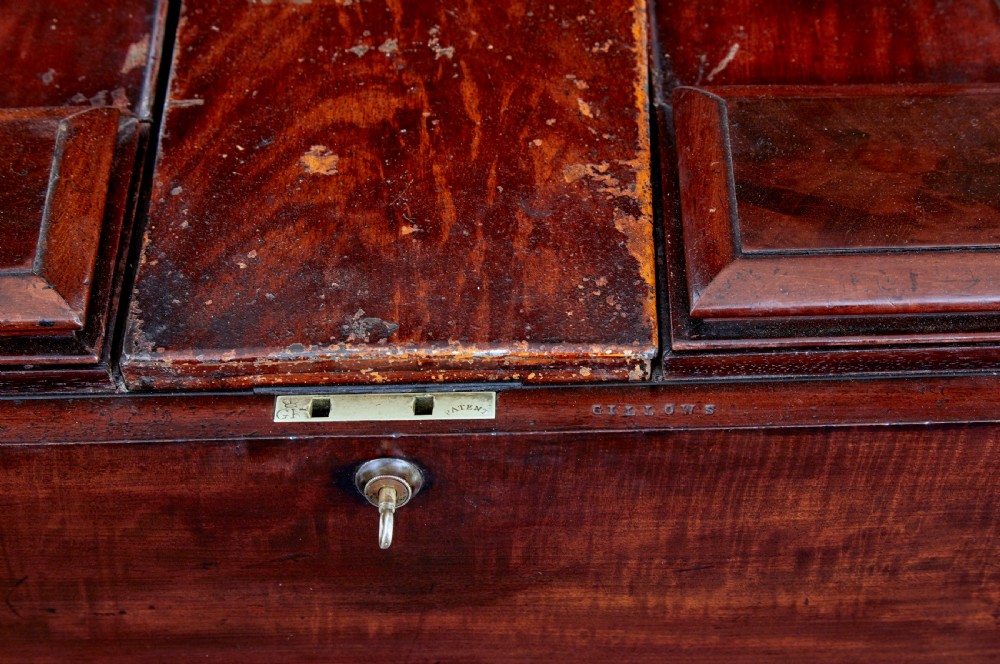 A 19th-century carved mahogany teapoy featuring a stepped hinged lid, flared central pedestal base, and carved feet. View VIII
