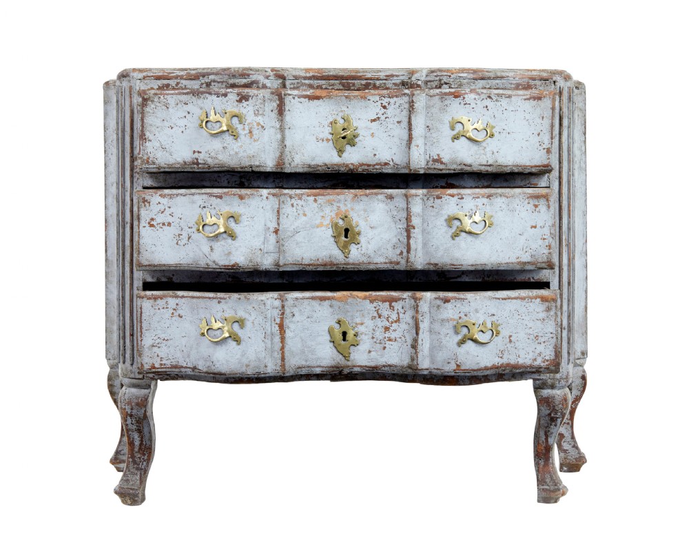 An early nineteenth-century Swedish Baroque Revival chest featuring three drawers with a distressed light blue painted finish and decorative brass handles. View VI