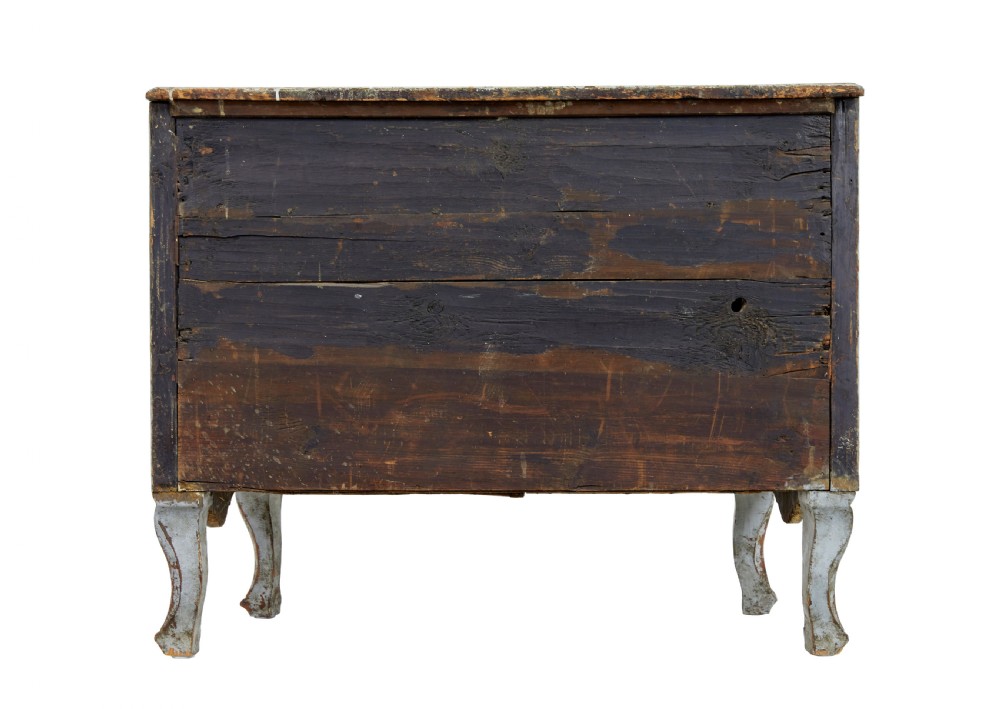 An early nineteenth-century Swedish Baroque Revival chest featuring three drawers with a distressed light blue painted finish and decorative brass handles. View VIII