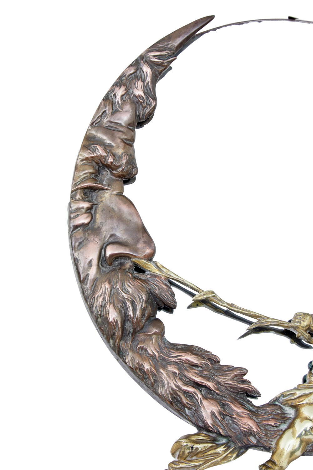 A circular table mirror featuring a cast bronze crescent man-in-the-moon frame and a brass cherub seated along the bottom edge. View II