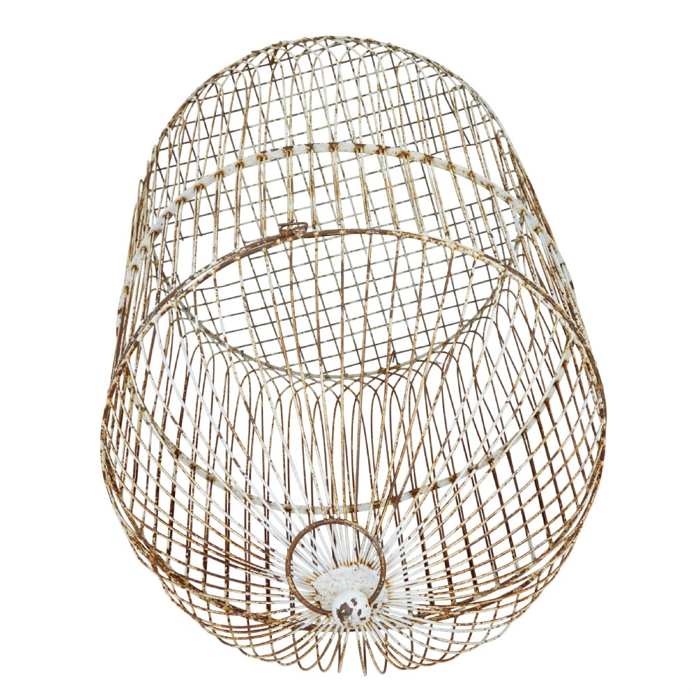 A large 19th-century domed wire bird cage with a distressed painted white finish showing areas of natural oxidisation and a top hanging loop. View II