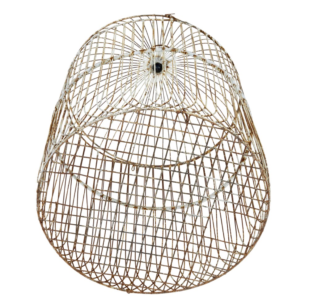 A large 19th-century domed wire bird cage with a distressed painted white finish showing areas of natural oxidisation and a top hanging loop. View III