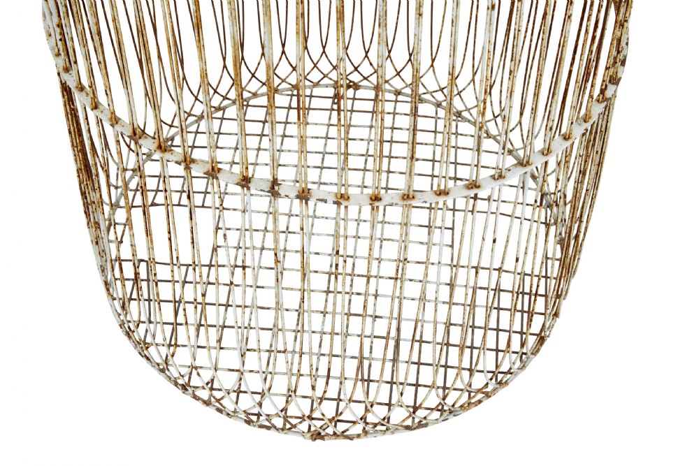 A large 19th-century domed wire bird cage with a distressed painted white finish showing areas of natural oxidisation and a top hanging loop. View IV