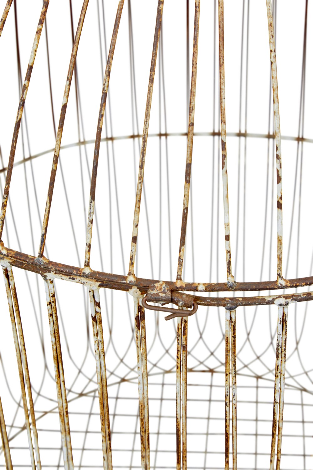 A large 19th-century domed wire bird cage with a distressed painted white finish showing areas of natural oxidisation and a top hanging loop. View VII
