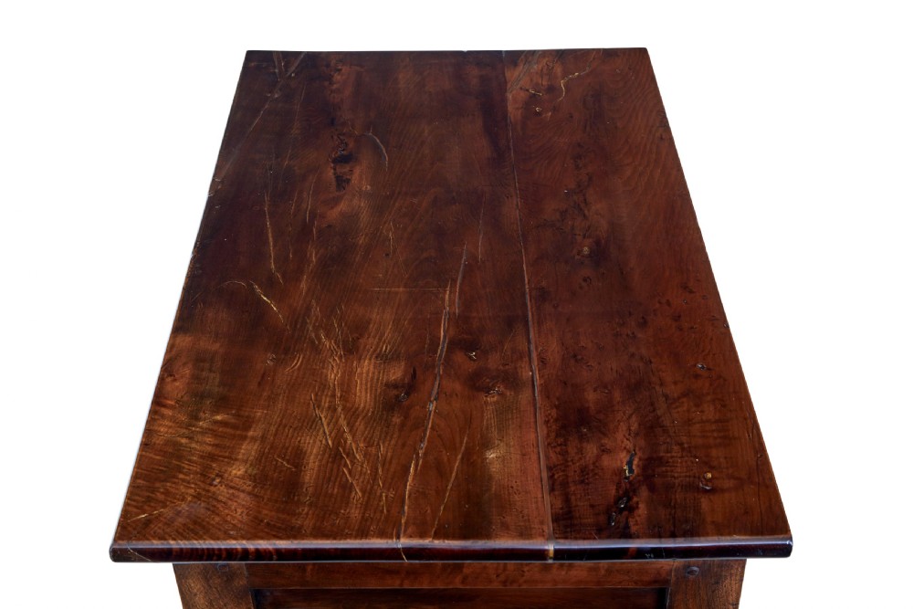 An 18th-century yew wood lowboy table featuring a single drawer with brass handles, a scalloped apron, and turned legs. View III