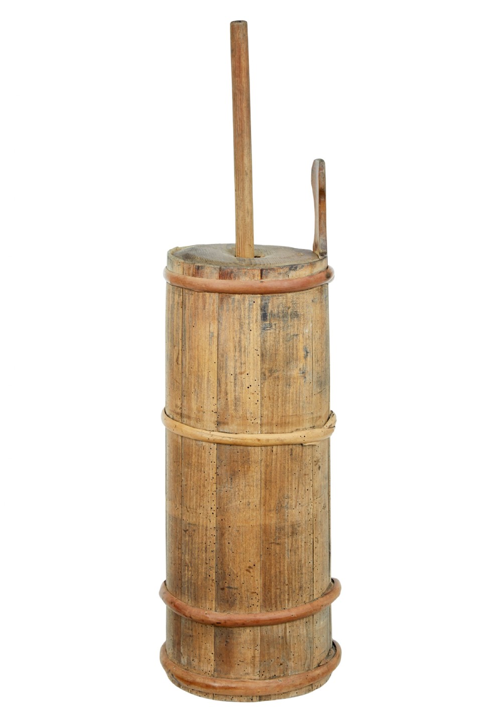 A 19th-century Scandinavian pine plunger butter churn featuring stave construction, wrapped wooden hoops, and a vertical central handle.