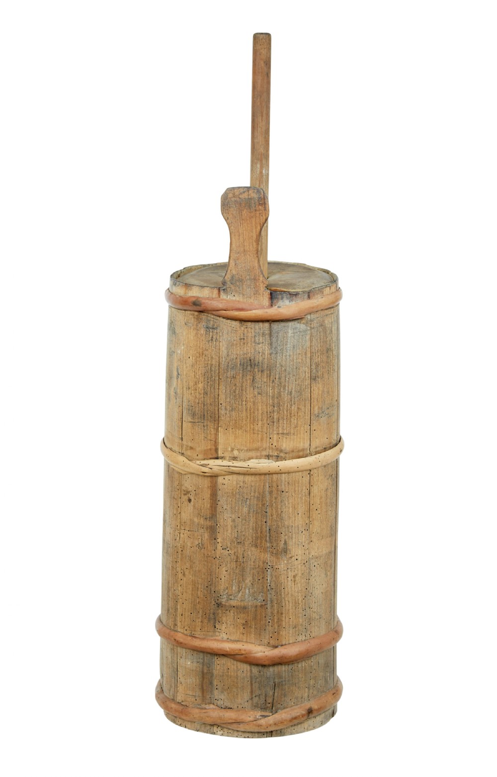 A 19th-century Scandinavian pine plunger butter churn featuring stave construction, wrapped wooden hoops, and a vertical central handle. View II