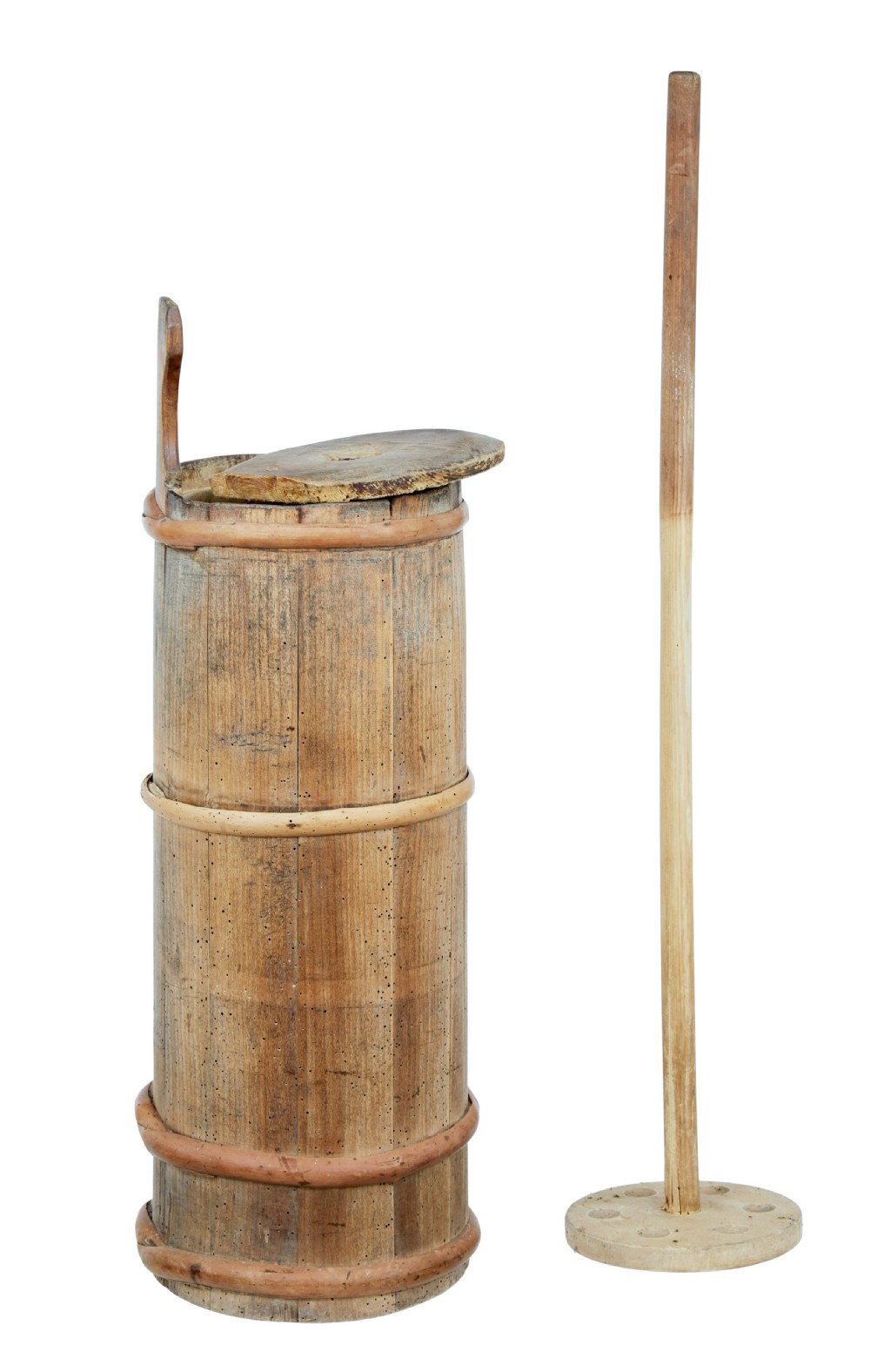 A 19th-century Scandinavian pine plunger butter churn featuring stave construction, wrapped wooden hoops, and a vertical central handle. View III