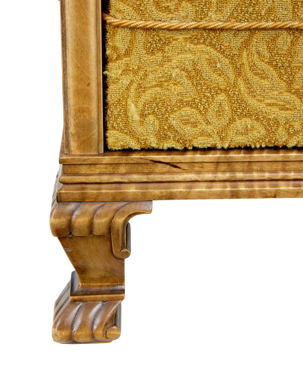 A pair of Art Deco lounge armchairs featuring light birch and elm veneered side panels, golden yellow patterned upholstery, and carved wooden feet. View V