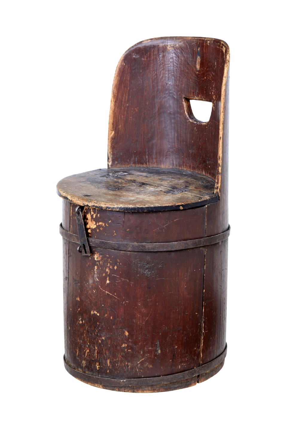 A 19th-century Swedish pine dugout chair featuring a dark patinated finish, rounded backrest, cylindrical body bound with iron straps, and a hinged timber seat.