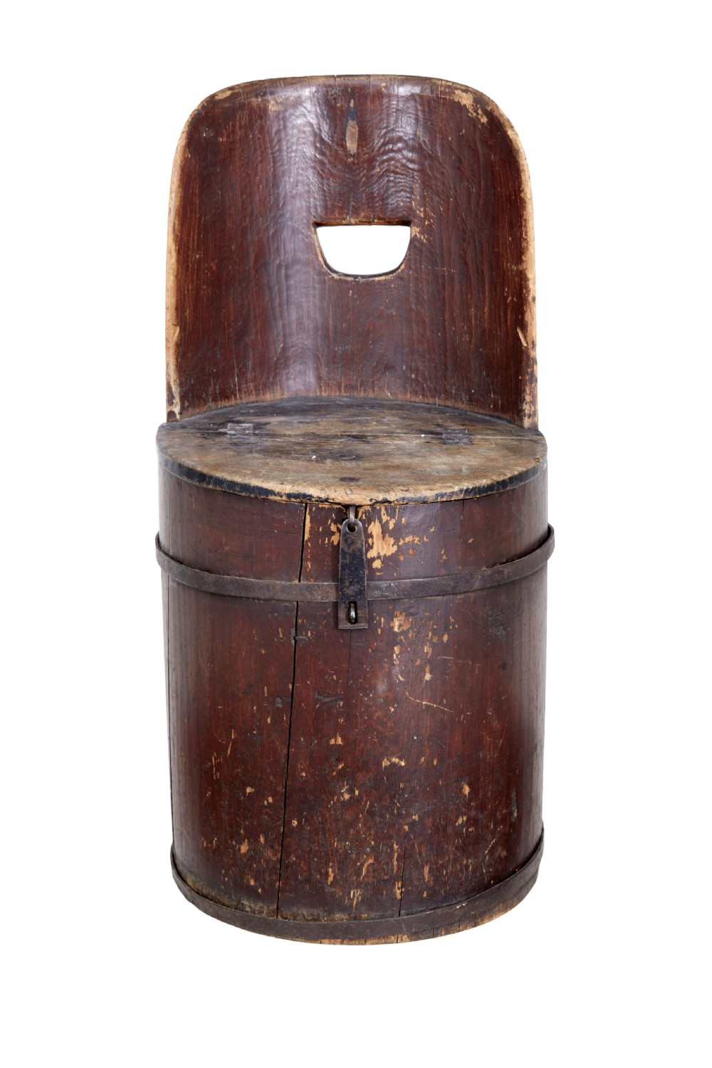 A 19th-century Swedish pine dugout chair featuring a dark patinated finish, rounded backrest, cylindrical body bound with iron straps, and a hinged timber seat. View II