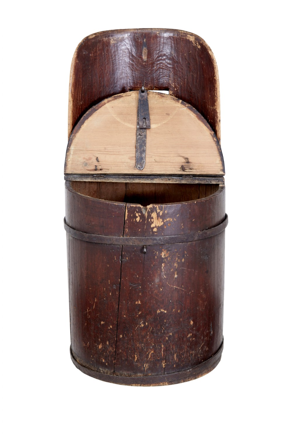 A 19th-century Swedish pine dugout chair featuring a dark patinated finish, rounded backrest, cylindrical body bound with iron straps, and a hinged timber seat. View III