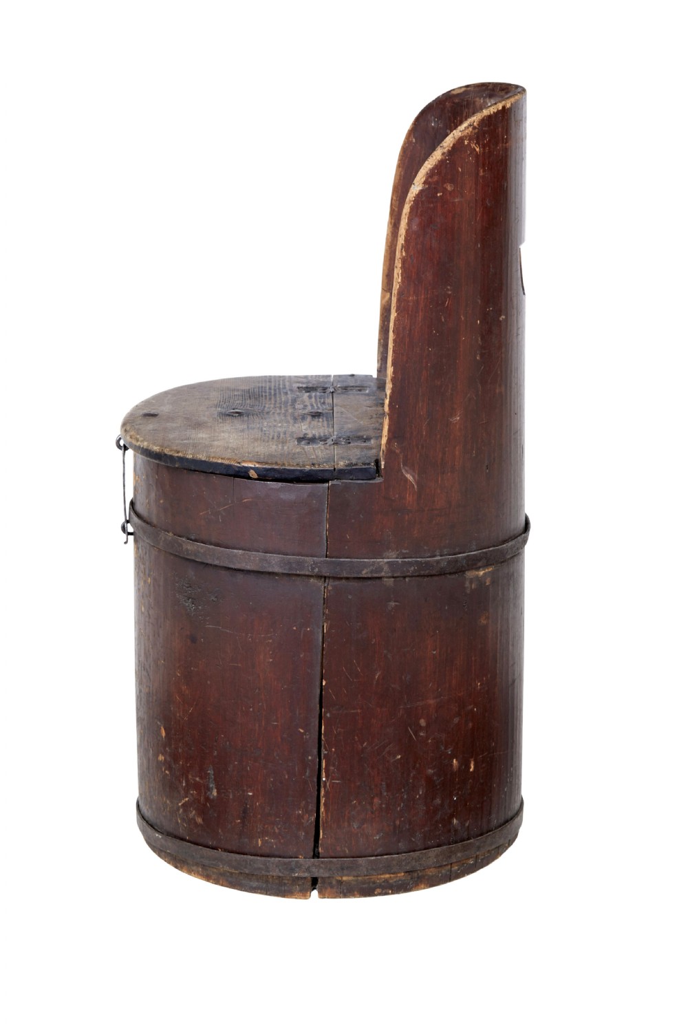 A 19th-century Swedish pine dugout chair featuring a dark patinated finish, rounded backrest, cylindrical body bound with iron straps, and a hinged timber seat. View IV