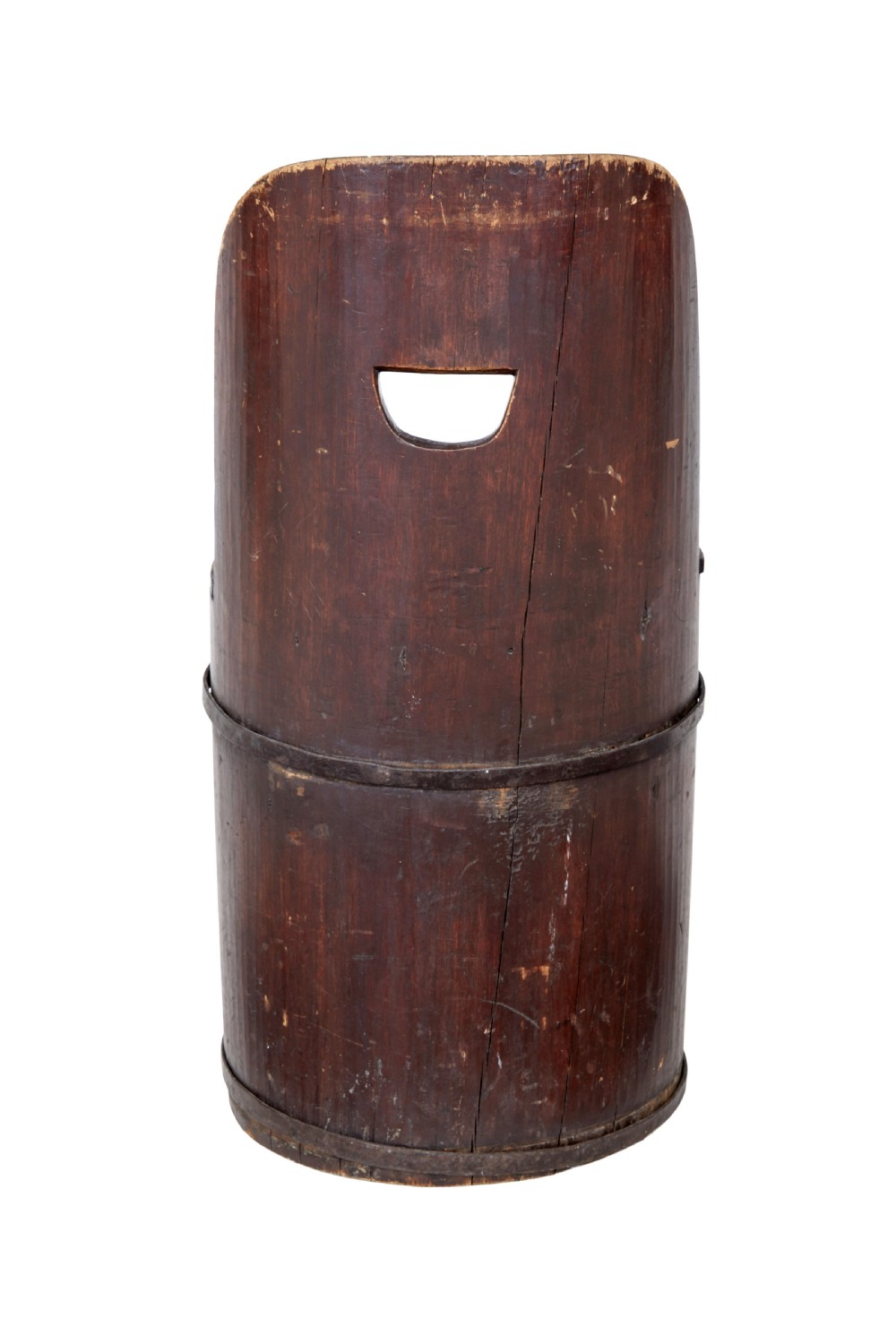 A 19th-century Swedish pine dugout chair featuring a dark patinated finish, rounded backrest, cylindrical body bound with iron straps, and a hinged timber seat. View V
