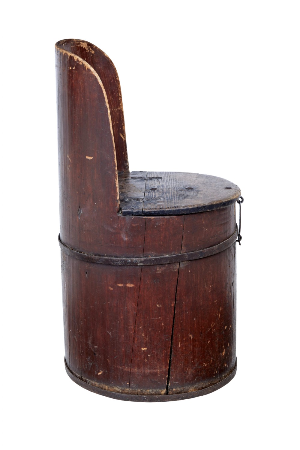 A 19th-century Swedish pine dugout chair featuring a dark patinated finish, rounded backrest, cylindrical body bound with iron straps, and a hinged timber seat. View VI