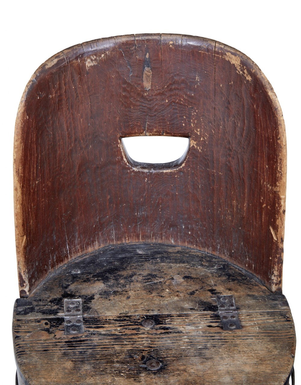 A 19th-century Swedish pine dugout chair featuring a dark patinated finish, rounded backrest, cylindrical body bound with iron straps, and a hinged timber seat. View IX