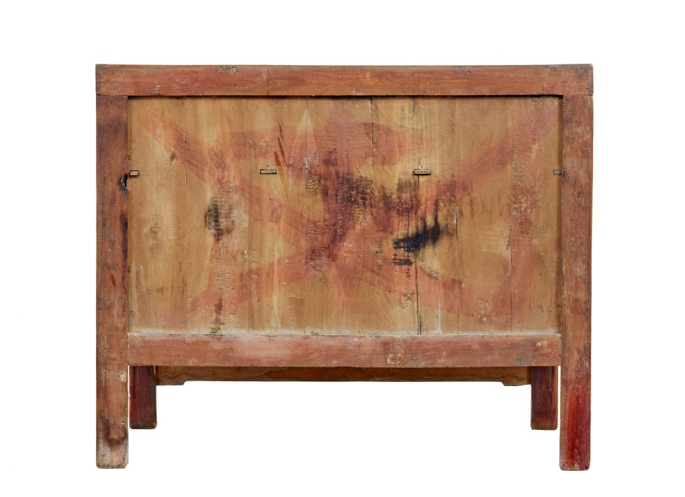 A late nineteenth-century light wood Chinese sideboard featuring three upper drawers over a double-door cupboard with circular brass faceplates. View VIII