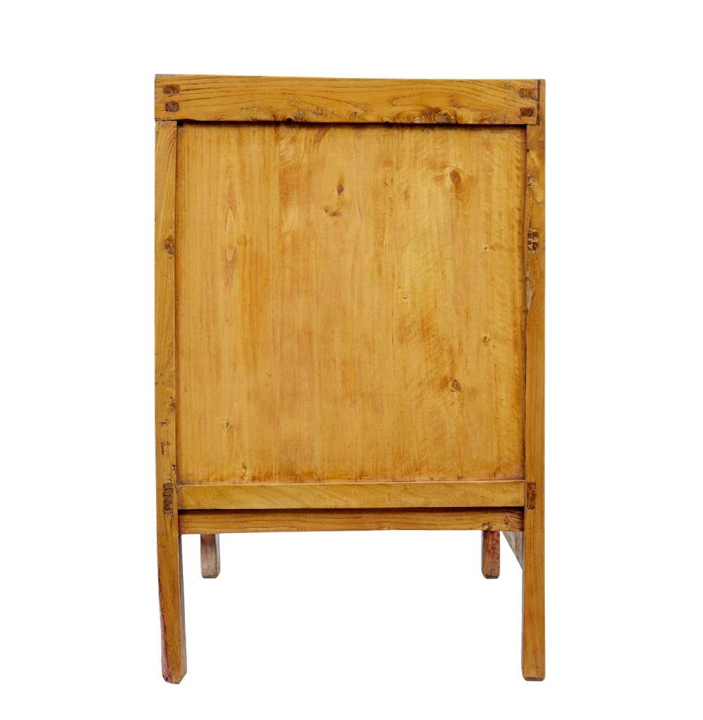 A late nineteenth-century light wood Chinese sideboard featuring three upper drawers over a double-door cupboard with circular brass faceplates. View IX