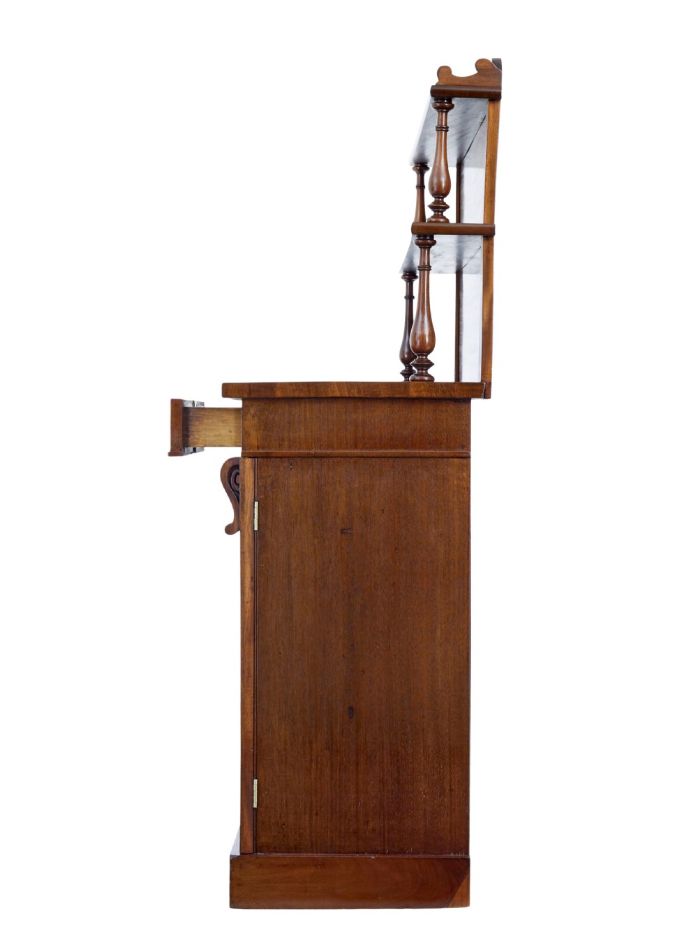 A 19th-century French mahogany chiffonier sideboard with a top display shelf supported by turned spindles, scrolled cresting, two drawers, and a double cupboard base. View IV