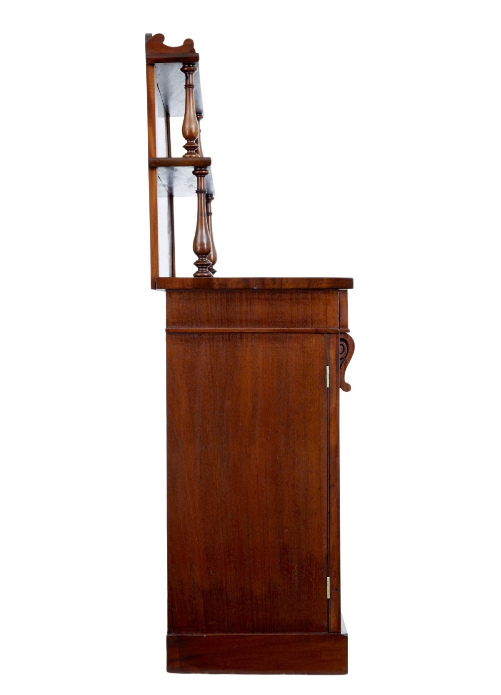 A 19th-century French mahogany chiffonier sideboard with a top display shelf supported by turned spindles, scrolled cresting, two drawers, and a double cupboard base. View VI