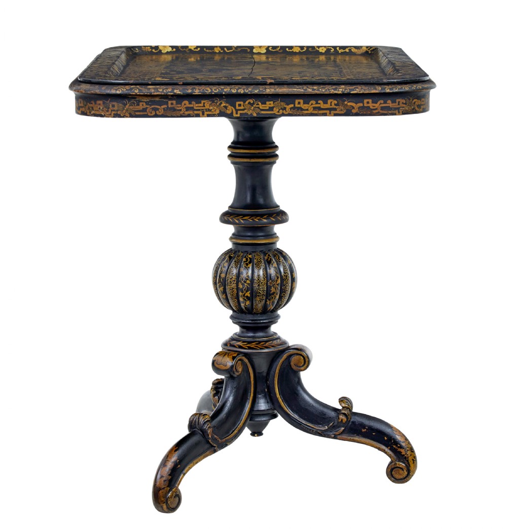 A 19th-century black lacquered pedestal table featuring hand-painted gold chinoiserie motifs, a tray top, turned central column, and tripod feet. View III