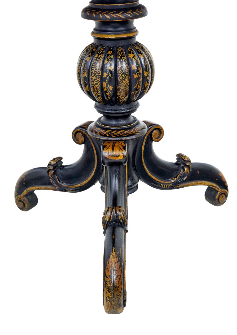 A 19th-century black lacquered pedestal table featuring hand-painted gold chinoiserie motifs, a tray top, turned central column, and tripod feet. View IX
